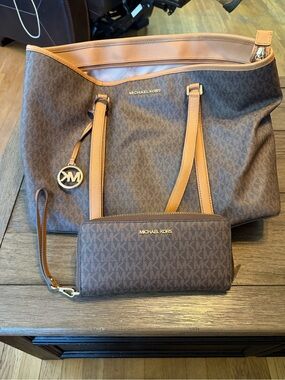Michael Kors Brown Monogram Tote with Tan Trim and Matching Wallet